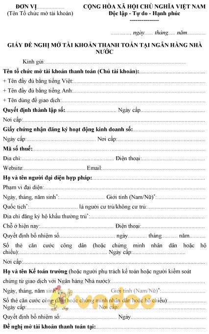 Mẫu giấy đề nghị mở tài khoản thanh toán tại ngân hàng nhà nước