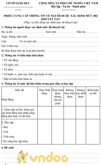 Mẫu phiếu cung cấp thông tin về người được xác định mức độ khuyết tật