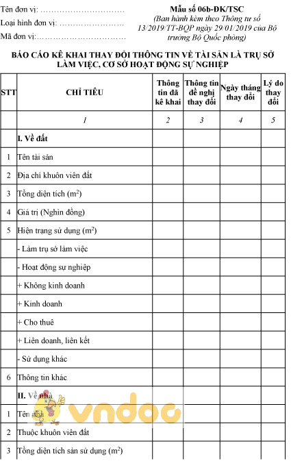 Mẫu số 06b-ĐK/TSC: Báo cáo kê khai thay đổi thông tin về tài sản là trụ sở làm việc