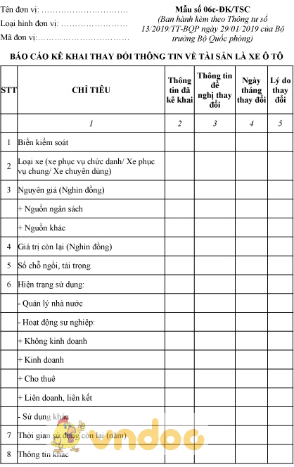 Mẫu số 06c-ĐK/TSC: Báo cáo kê khai thay đổi thông tin về tài sản là xe ô tô