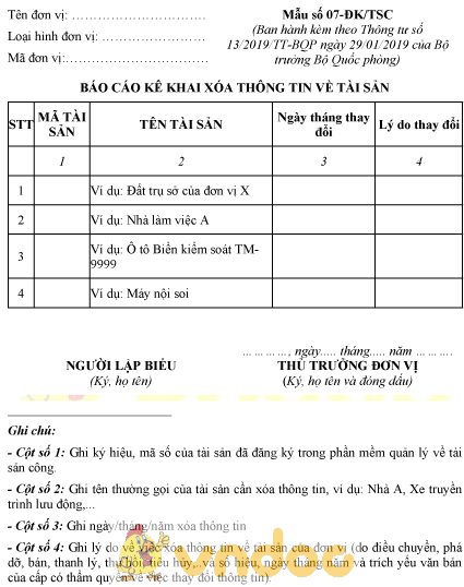 Mẫu số 07-ĐK/TSC: Báo cáo kê khai xóa thông tin về tài sản