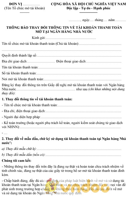 Mẫu thông báo thay đổi thông tin về tài khoản thanh toán mở tại ngân hàng nhà nước