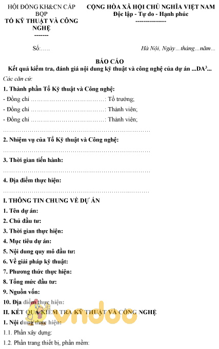 Mẫu báo cáo kết quả kiểm tra, đánh giá nội dung kỹ thuật và công nghệ của dự án