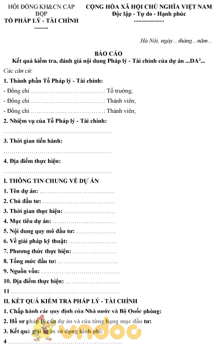 Mẫu báo cáo kết quả kiểm tra, đánh giá nội dung pháp lý tài chính của dự án