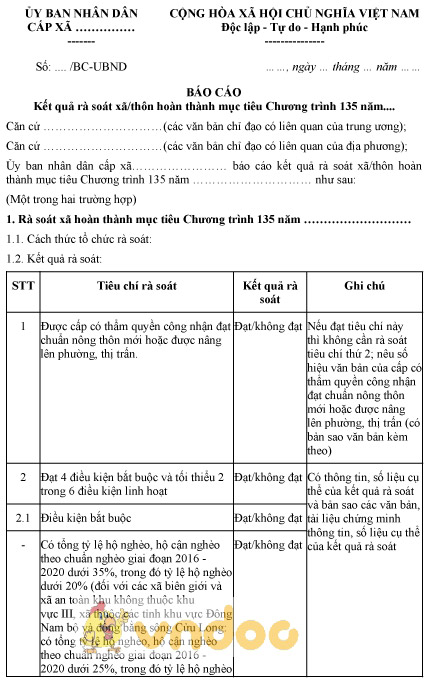 Mẫu báo cáo kết quả rà soát xã, thôn hoàn thành mục tiêu chương trình 135