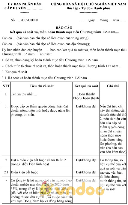 Mẫu báo cáo kết quả rà soát xã, thôn hoàn thành mục tiêu chương trình 135 cấp huyện