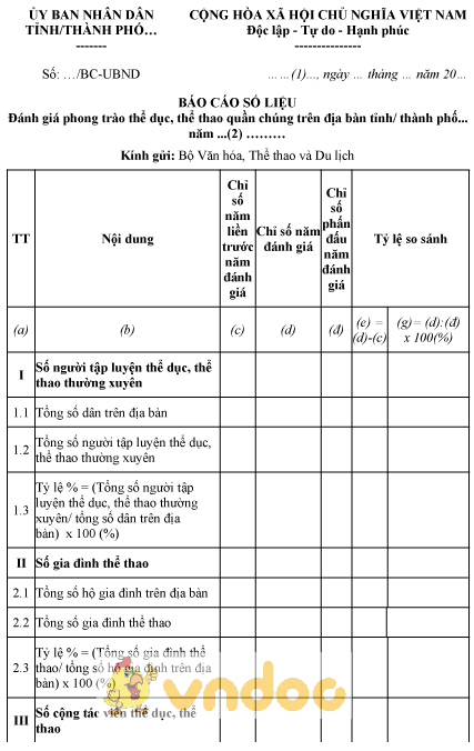 Mẫu báo cáo số liệu đánh giá phong trào thể dục, thể thao quần chúng trên địa bàn