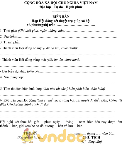 Mẫu biên bản của hội đồng xét duyệt trợ giúp xã hội