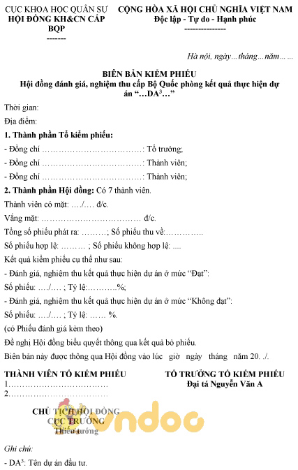 Mẫu biên bản kiểm phiếu hội đồng đánh giá, nghiệm thu cấp bộ kết quả thực hiện dự án