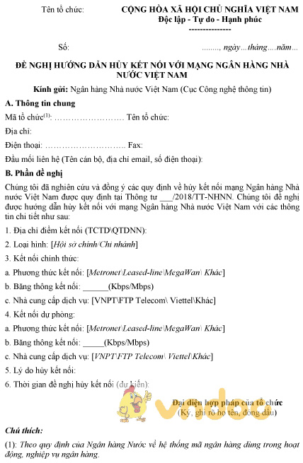 Mẫu đề nghị hướng dẫn hủy kết nối với mạng ngân hàng nhà nước