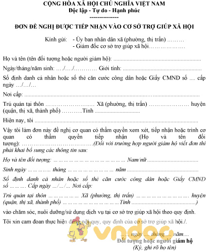 Mẫu đơn đề nghị được tiếp nhận vào cơ sở trợ giúp xã hội