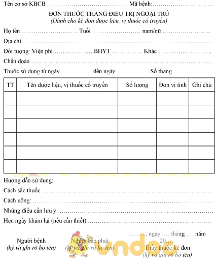 Mẫu đơn thuốc thang điều trị ngoại trú
