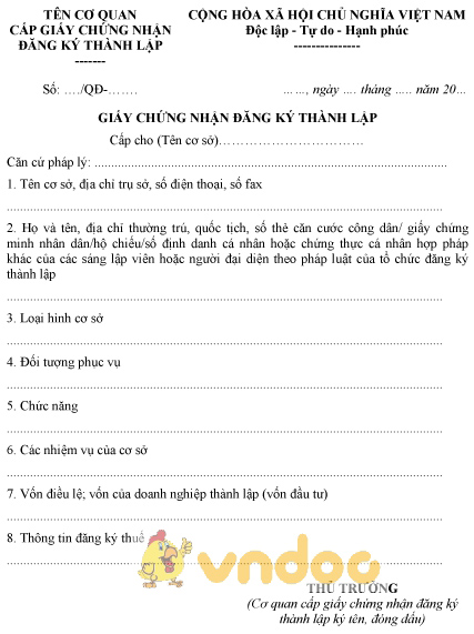 Mẫu giấy chứng nhận đăng ký thành lập cơ sở trợ giúp xã hội ngoài công lập