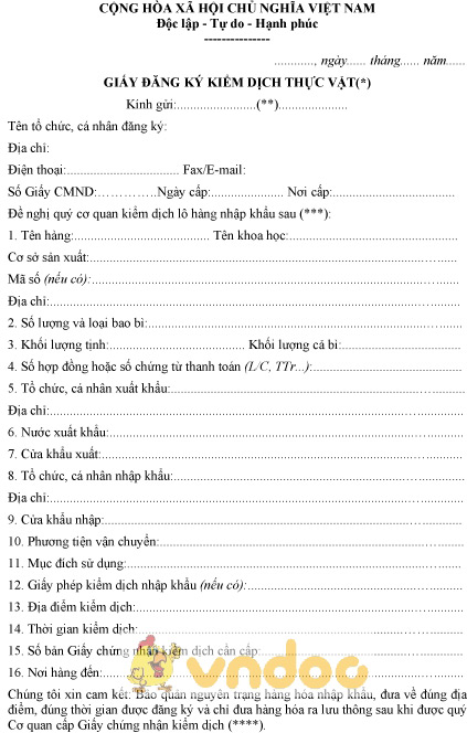 Mẫu giấy đăng ký kiểm dịch thực vật