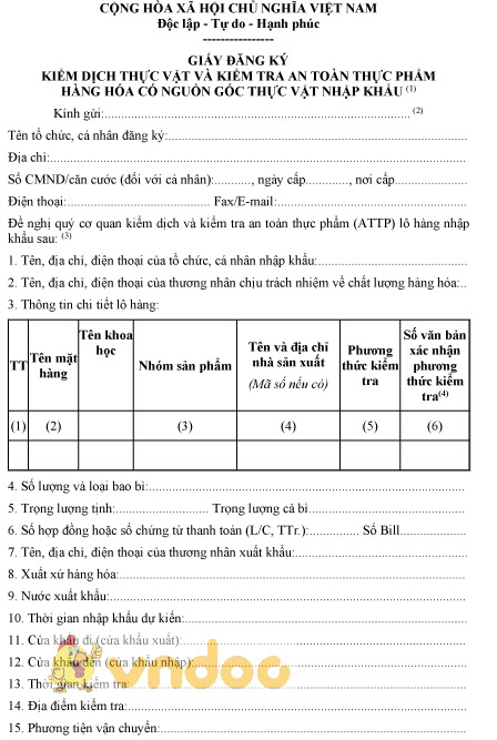 Mẫu giấy đăng ký kiểm dịch thực vật và kiểm tra an toàn thực phẩm hàng hóa nhập khẩu