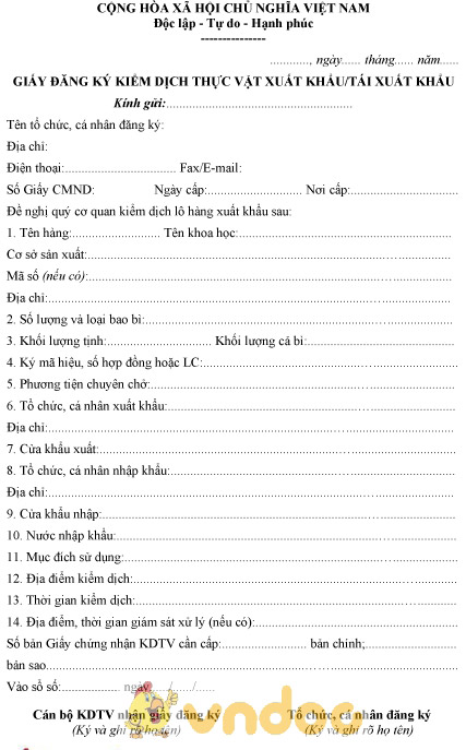 Mẫu giấy đăng ký kiểm dịch thực vật xuất khẩu, tái xuất khẩu