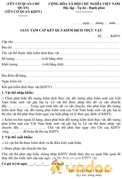Mẫu giấy tạm cấp kết quả kiểm dịch thực vật