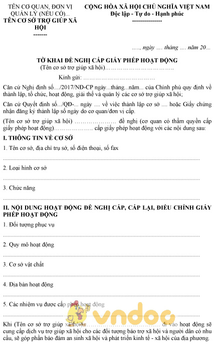 Mẫu tờ khai đề nghị cấp giấy phép hoạt động của cơ sở trợ giúp xã hội