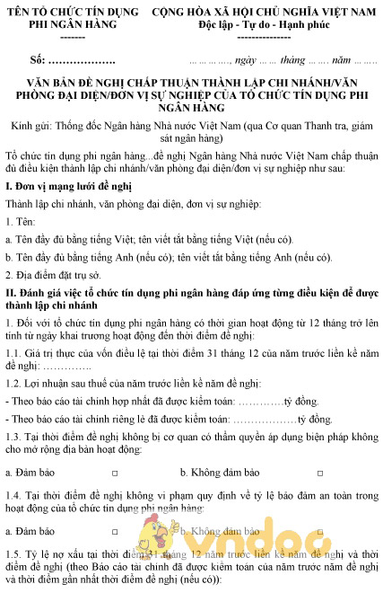 Mẫu văn bản đề nghị chấp thuận thành lập chi nhánh tổ chức tín dụng phi ngân hàng