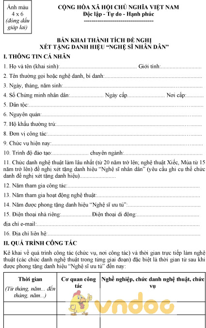 Mẫu bản khai thành tích đề nghị xét tặng danh hiệu “Nghệ sĩ nhân dân”