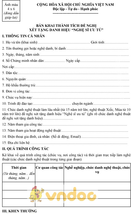 Mẫu bản khai thành tích đề nghị xét tặng danh hiệu “Nghệ sĩ ưu tú”