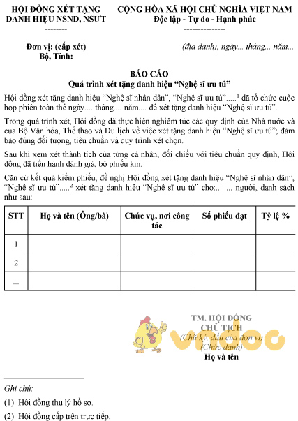 Mẫu báo cáo quá trình xét tặng danh hiệu “Nghệ sĩ ưu tú”