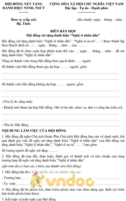 Mẫu biên bản họp Hội đồng xét tặng danh hiệu “Nghệ sĩ nhân dân”