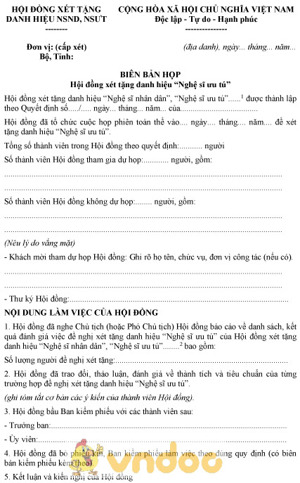 Mẫu biên bản họp Hội đồng xét tặng danh hiệu “Nghệ sĩ ưu tú”