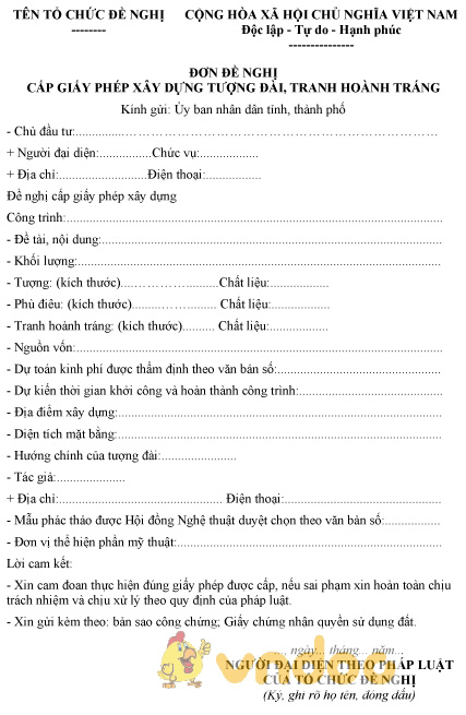 Mẫu đơn đề nghị cấp giấy phép xây dựng tượng đài, tranh hoành tráng