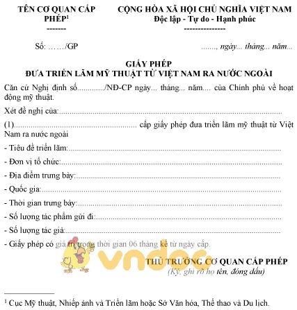 Mẫu giấy phép đưa triển lãm mỹ thuật từ Việt Nam ra nước ngoài