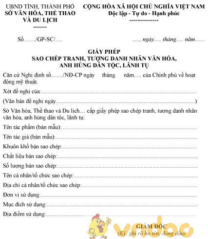 Mẫu giấy phép sao chép tranh, tượng danh nhân văn hóa, anh hùng dân tộc, lãnh tụ