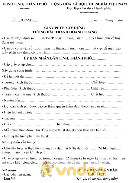 Mẫu giấy phép xây dựng tượng đài, tranh hoành tráng