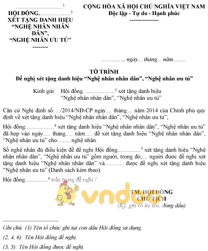 Mẫu tờ trình đề nghị xét tặng danh hiệu nghệ nhân nhân dân, nghệ nhân ưu tú