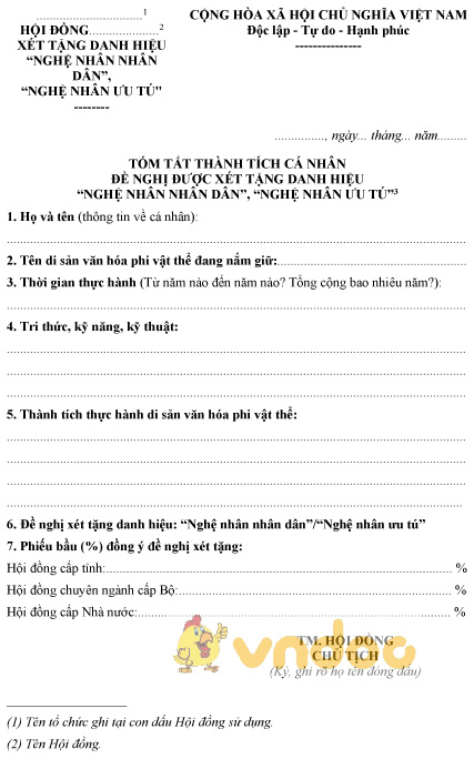 Mẫu tóm tắt thành tích cá nhân đề nghị được xét tặng danh hiệu nghệ nhân