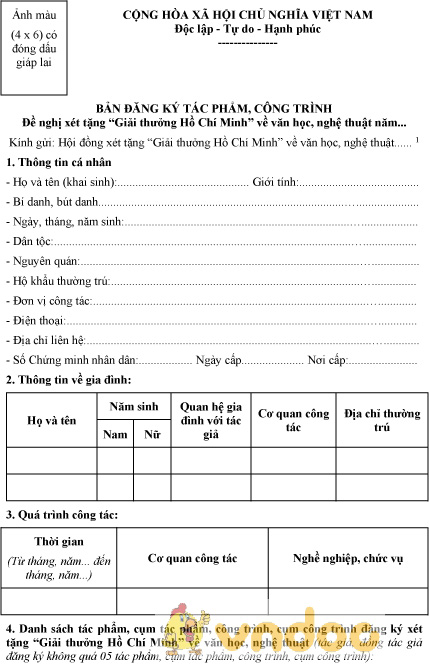 Mẫu bản đăng ký tác phẩm, công trình xét tặng giải thưởng Hồ Chí Minh về văn học nghệ thuật
