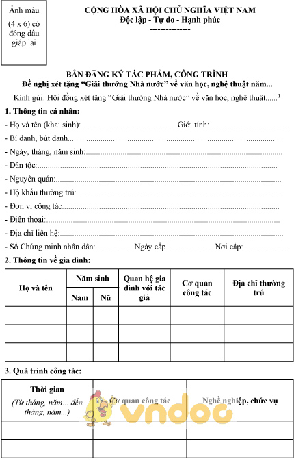 Mẫu bản đăng ký tác phẩm, công trình xét tặng “Giải thưởng Nhà nước” về văn học, nghệ thuật