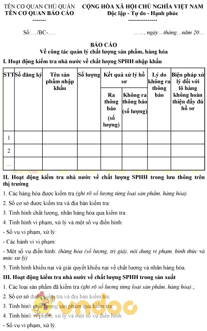 Mẫu báo cáo công tác quản lý chất lượng sản phẩm hàng hóa