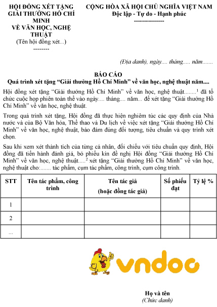 Mẫu báo cáo quá trình xét tặng “Giải thưởng Hồ Chí Minh” về văn học, nghệ thuật