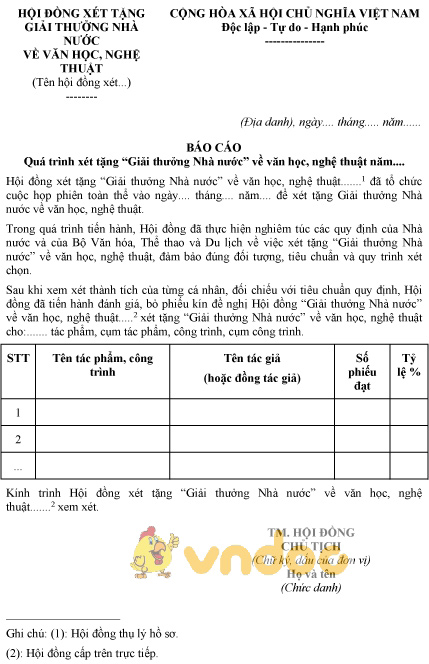 Mẫu báo cáo quá trình xét tặng “Giải thưởng Nhà nước” về văn học, nghệ thuật