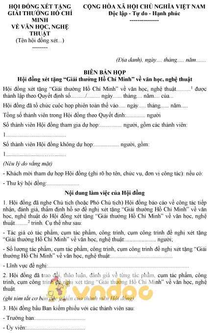 Mẫu biên bản họp Hội đồng xét tặng “Giải thưởng Hồ Chí Minh” về văn học, nghệ thuật