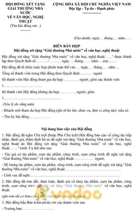 Mẫu biên bản họp Hội đồng xét tặng “Giải thưởng Nhà nước” về văn học, nghệ thuật