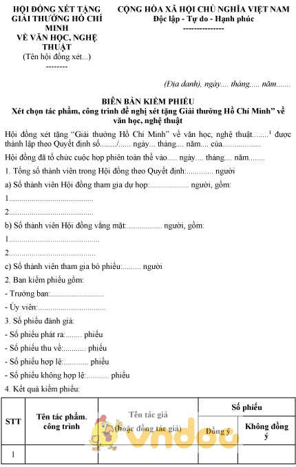Mẫu biên bản kiểm phiếu xét chọn tác phẩm đề nghị xét tặng “Giải thưởng Hồ Chí Minh”