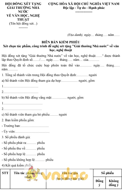 Mẫu biên bản kiểm phiếu xét chọn tác phẩm đề nghị xét tặng “Giải thưởng Nhà nước”