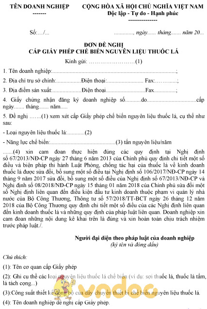Mẫu đơn đề nghị cấp giấy phép chế biến nguyên liệu thuốc lá