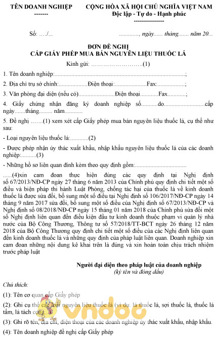 Mẫu đơn đề nghị cấp giấy phép mua bán nguyên liệu thuốc lá