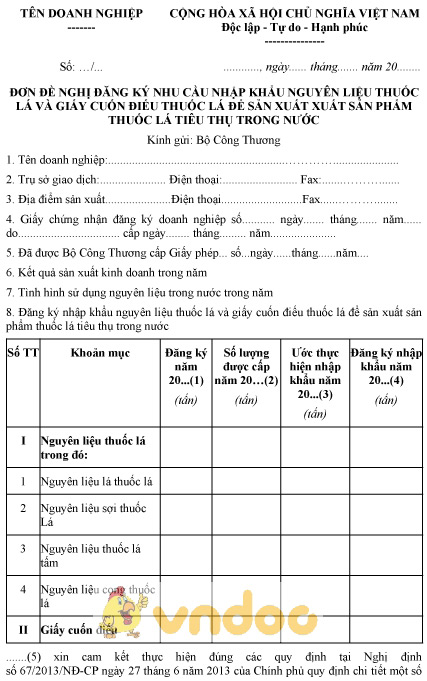 Mẫu đơn đề nghị đăng ký nhu cầu nhập khẩu nguyên liệu thuốc lá