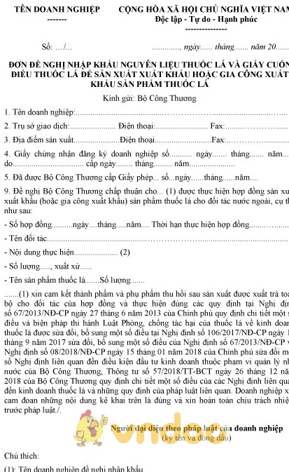 Mẫu đơn đề nghị nhập khẩu nguyên liệu thuốc lá