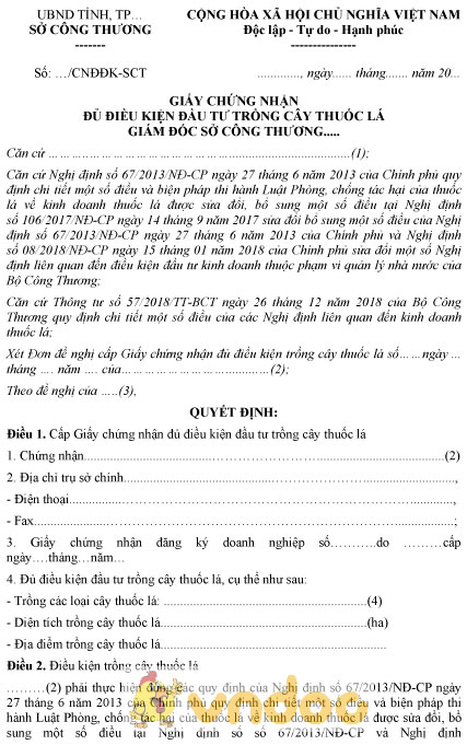Mẫu giấy chứng nhận đủ điều kiện đầu tư trồng cây thuốc lá