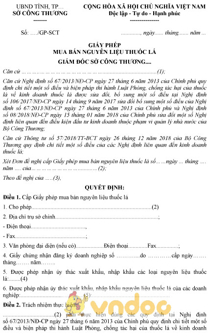 Mẫu giấy phép mua bán nguyên liệu thuốc lá