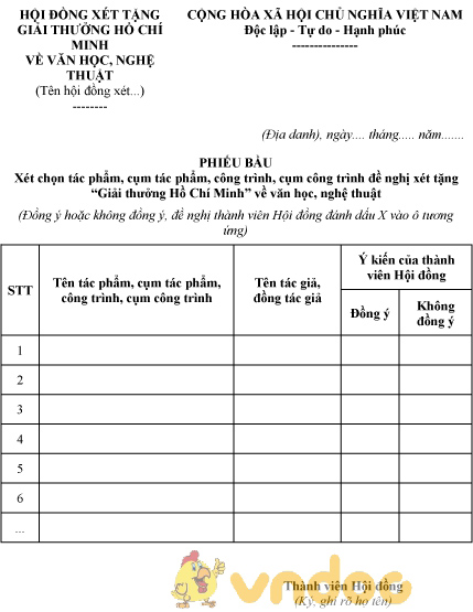 Mẫu phiếu bầu xét chọn các tác phẩm đề nghị xét tặng “Giải thưởng Hồ Chí Minh”
